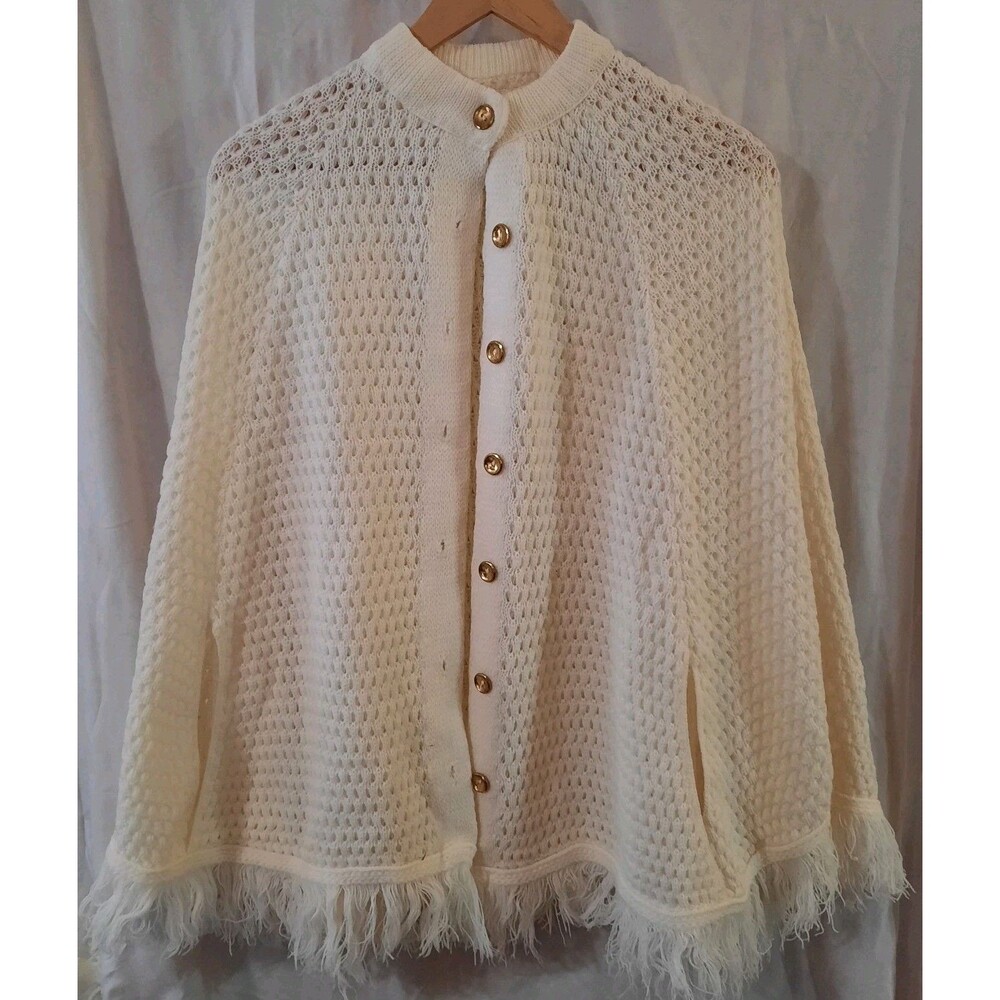 Vintage Castle Square Poncho Shawl Cape Button-Up Made In USA